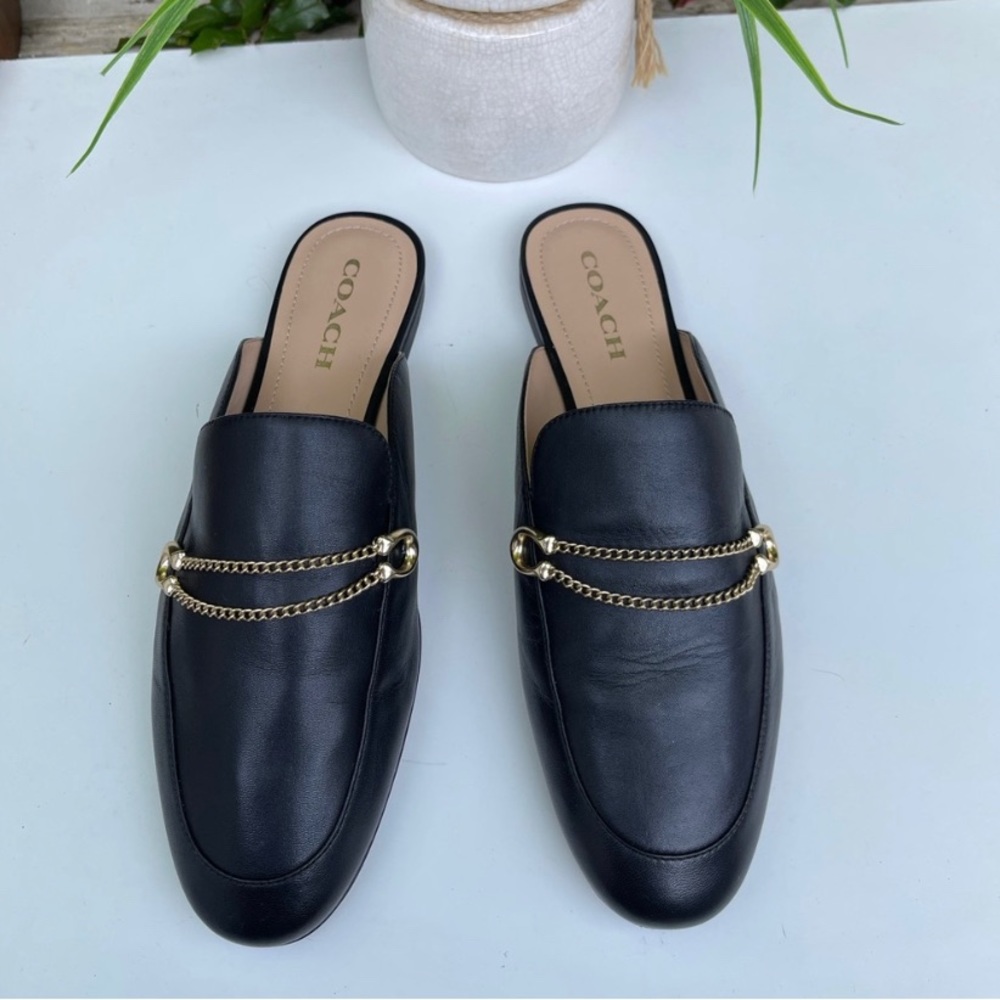 Coach Black Leather Chain-Detail Mules